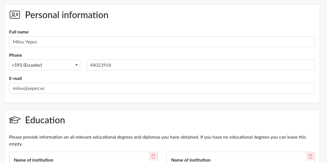 Formulario de aplicación abierto